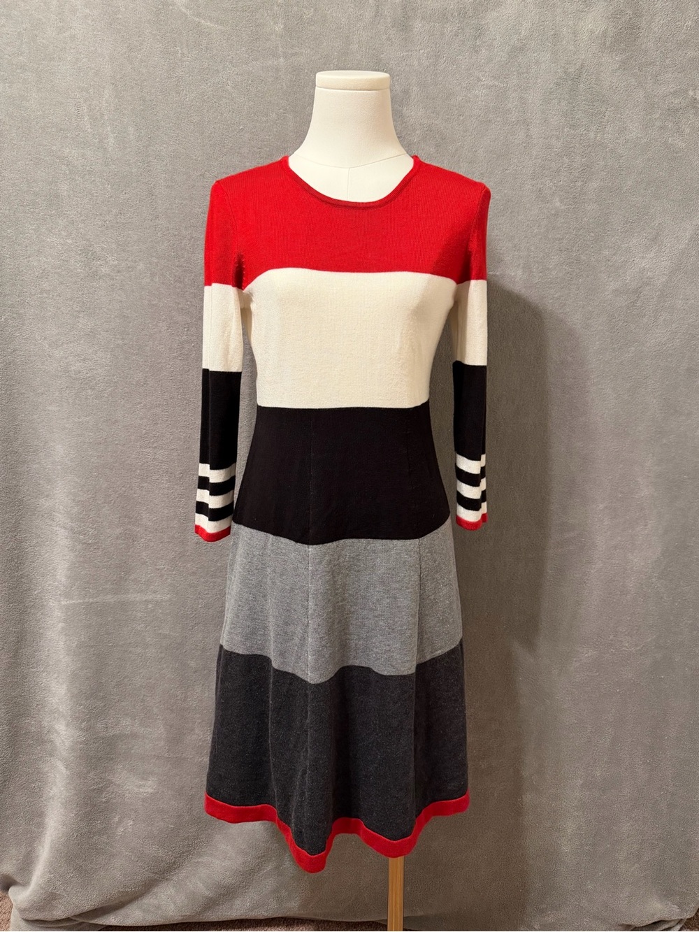 JH Women's Striped Knit Sweater Dress Stretch 3/4 sleeve Red, Black, Grey Size S